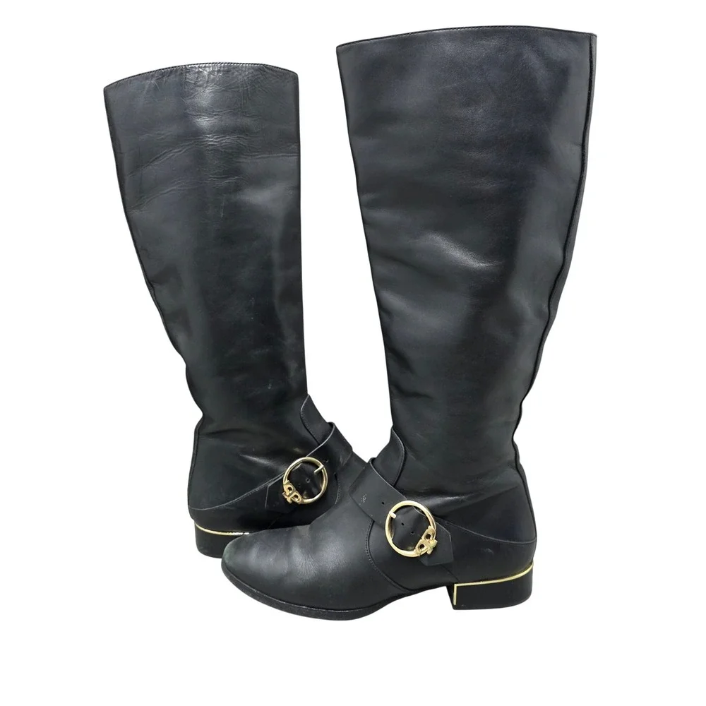 Tory Burch Black Leather Knee High Riding Boots Gold Logo Buckle 10M
